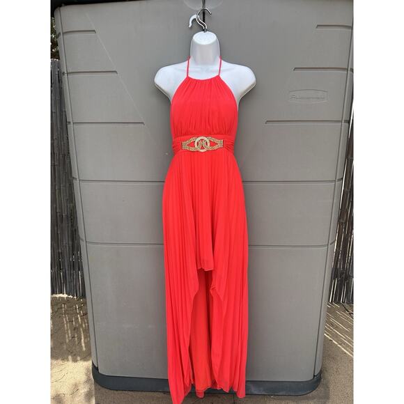 Caché Coral Chiffon Halter Formal Party Prom High Low Maxi Dress Gown Sz 0 Y2K - Picture 2 of 14